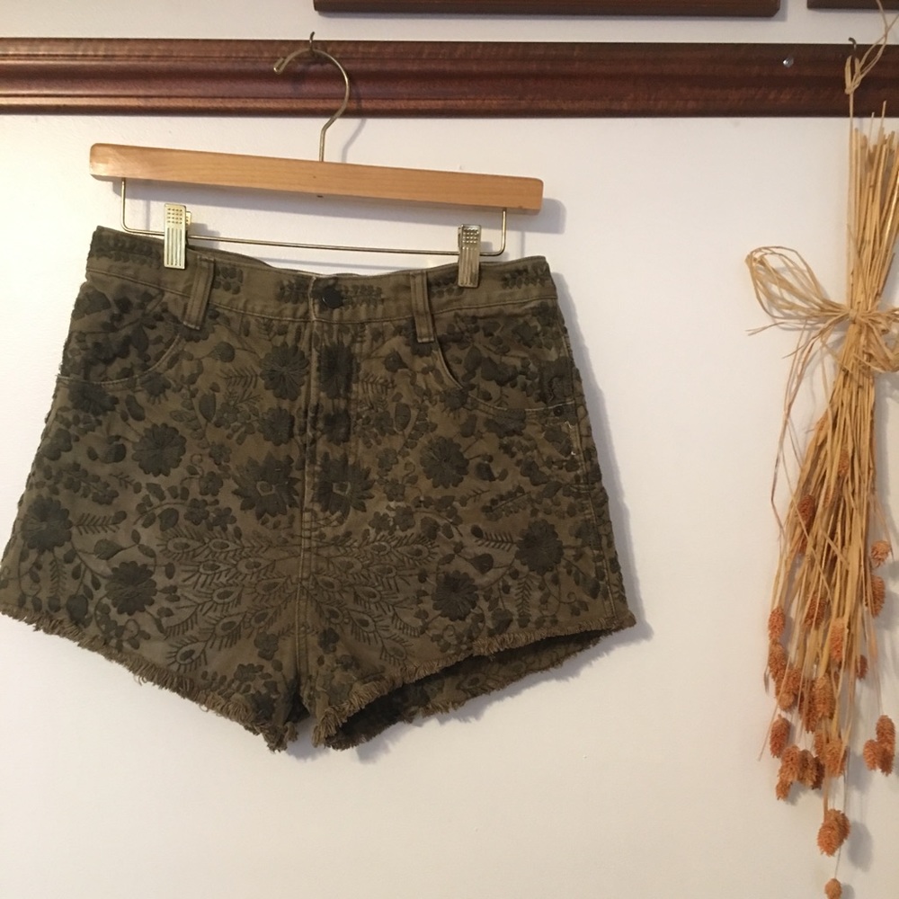 Free People Olive Embroidered Shorts